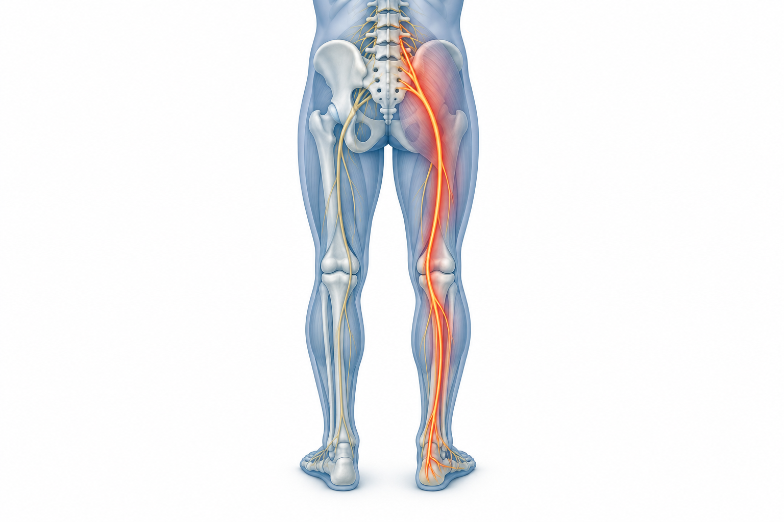 Medical illustration showing the sciatic nerve running from the lower spine through the buttock and down one leg
